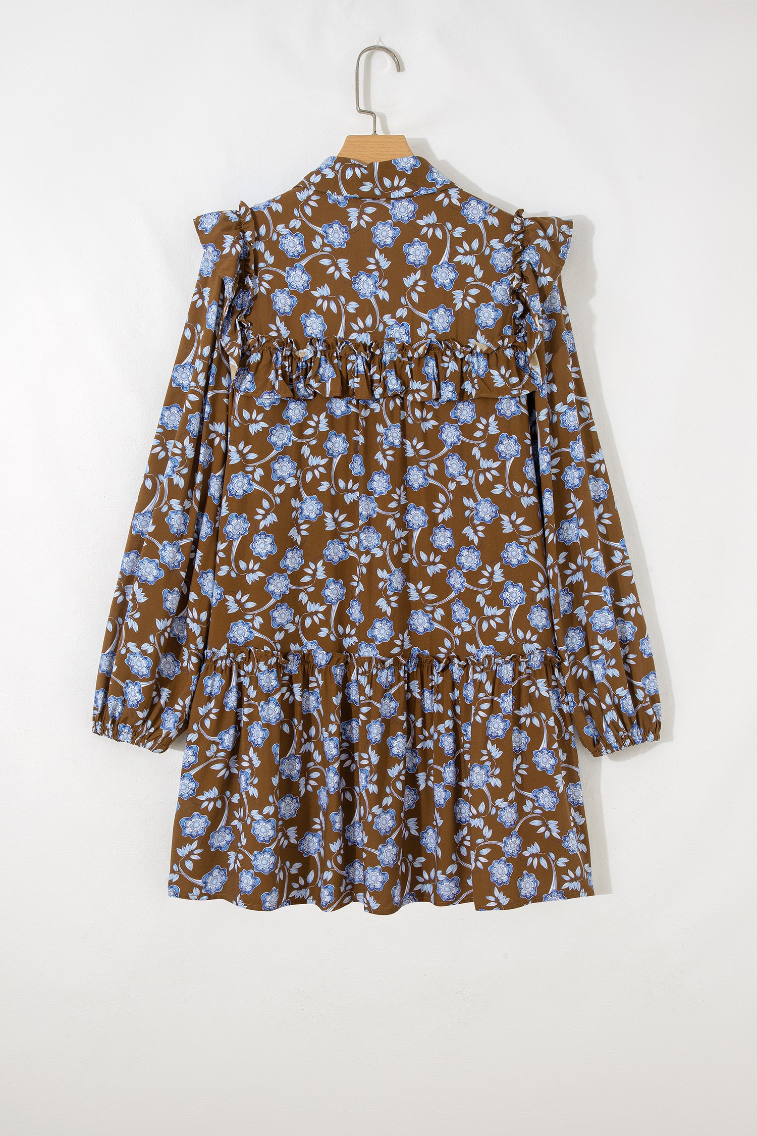 Vestito Donna Marrone Floreale con Rouches e Maniche Lunghe