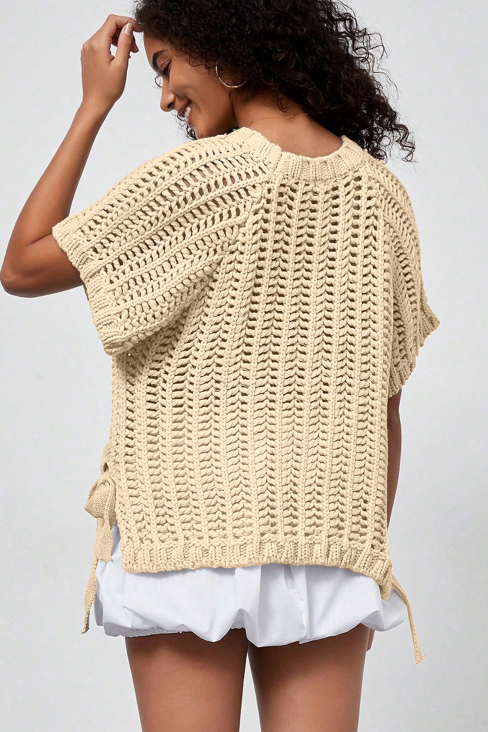 Maglione Donna Albicocca Plus Size a Maglia Aperta con Fiocchi Manica Corta