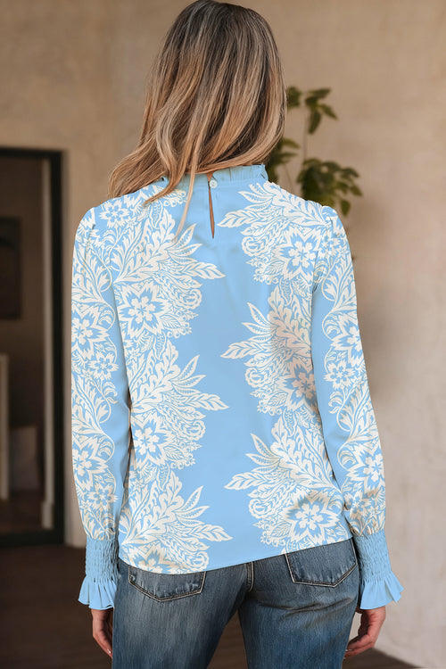 Blusa Donna Azzurra con Colletto a Ruche, Maniche a Palloncino e Stampa Floreale