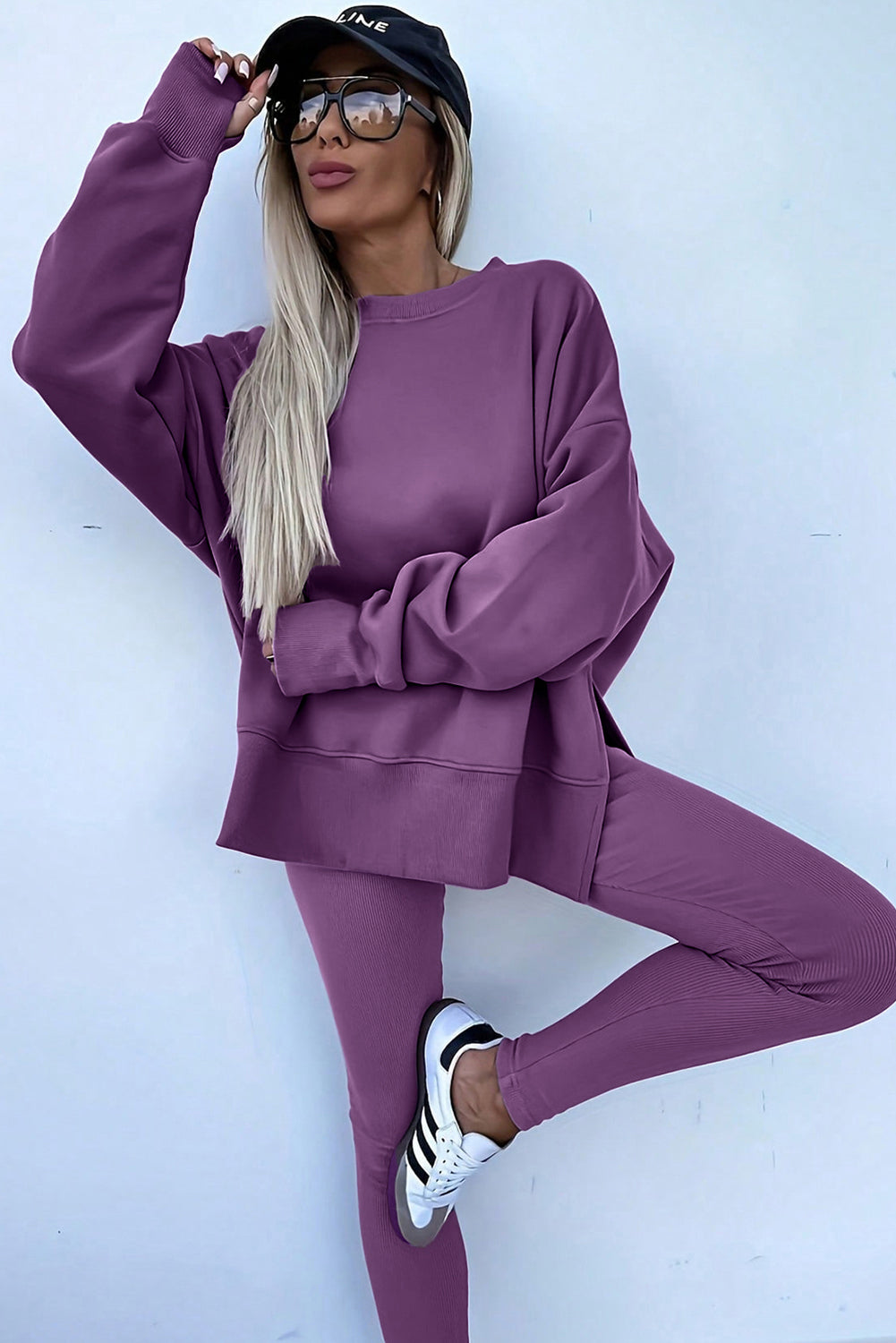 Set 2 Pezzi Donna Lilla Nebbia: Felpa Oversize con Spacco e Leggings a Costine