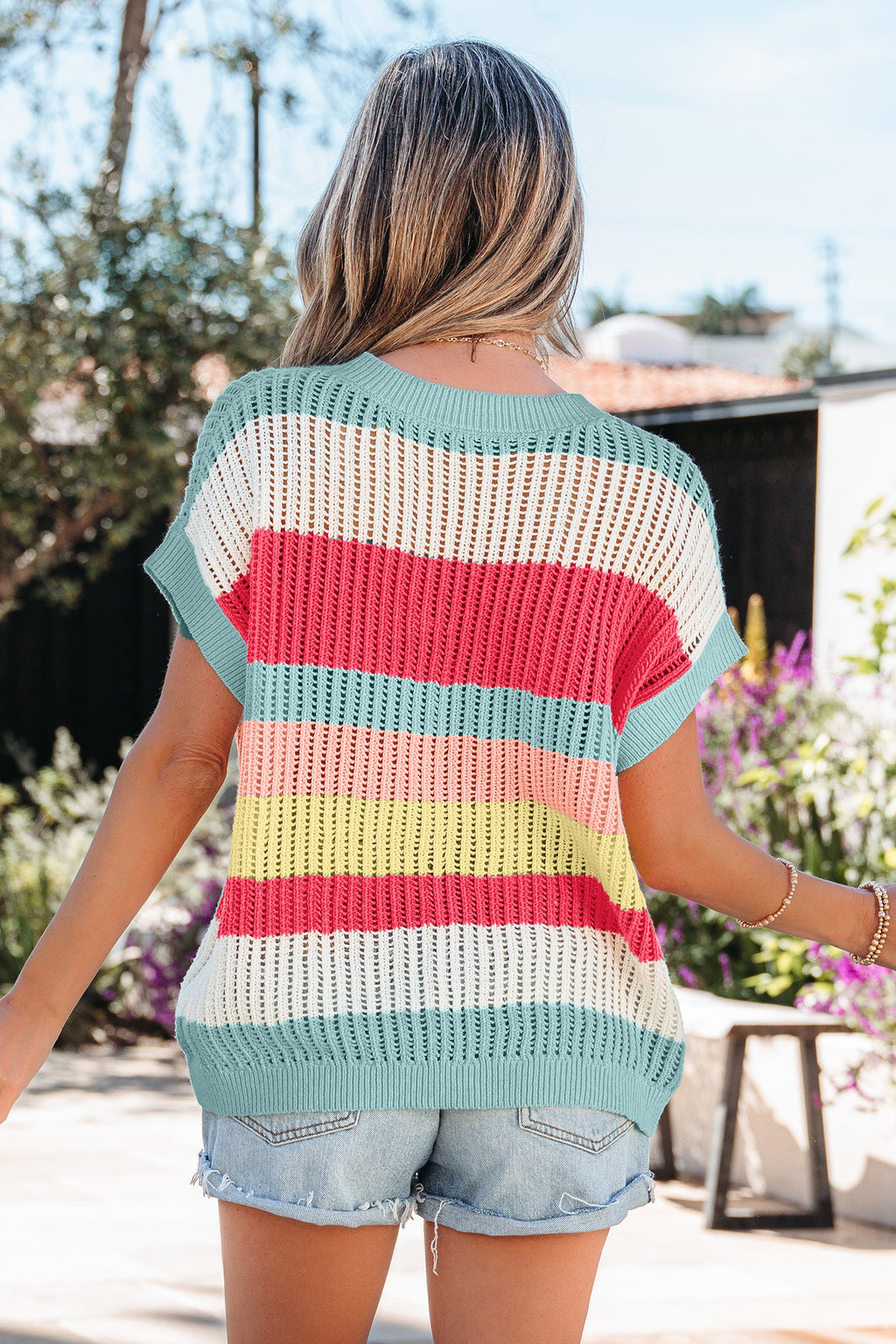 Maglione Donna Verde a Righe Color Block Traforato con Maniche Corte
