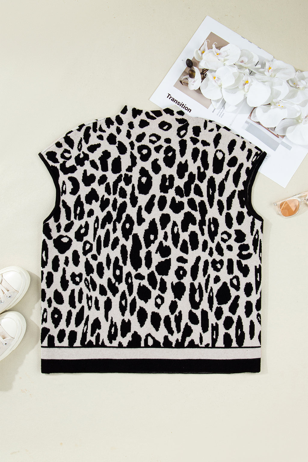 Maglione Donna Nero Plus Size Leopardato Collo Alto Manica Corta