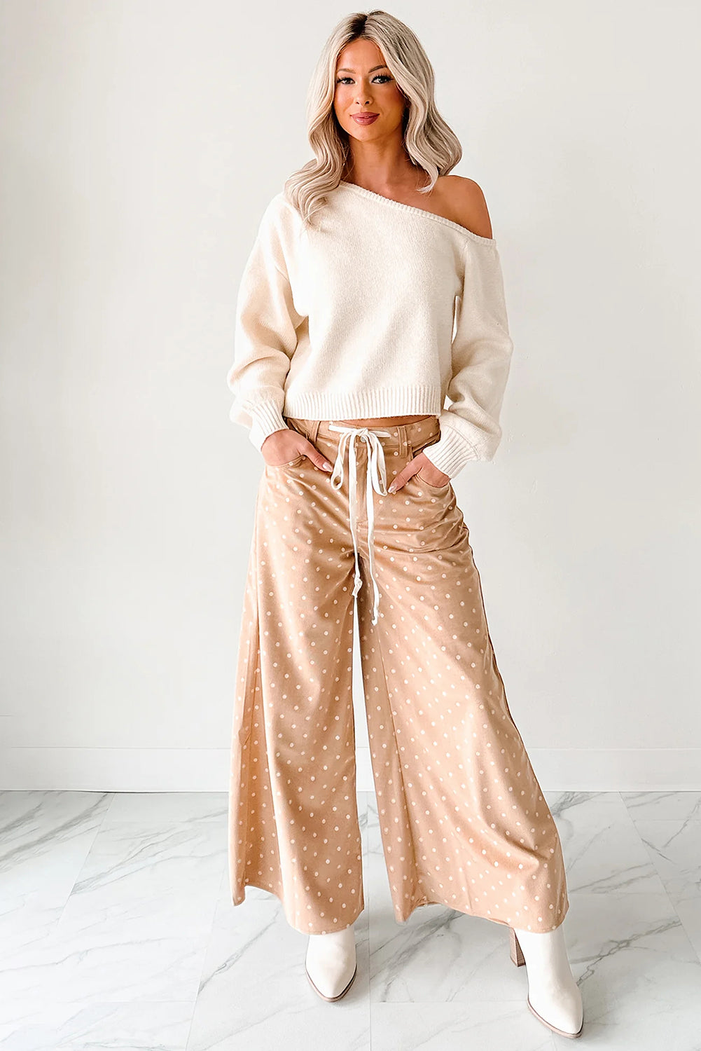 Pantaloni Donna Kaki a Gamba Larga con Stampa a Pois e Coulisse