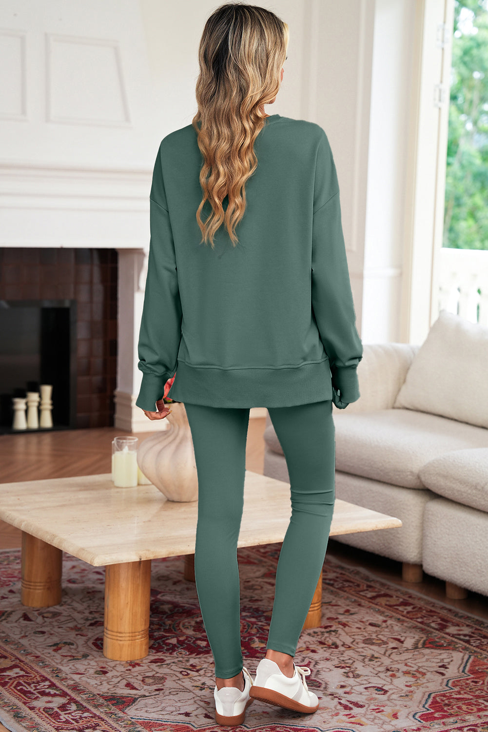 Set 2 Pezzi Donna Verde Tinta Unita: Felpa Oversize con Spacco e Leggings a Costine