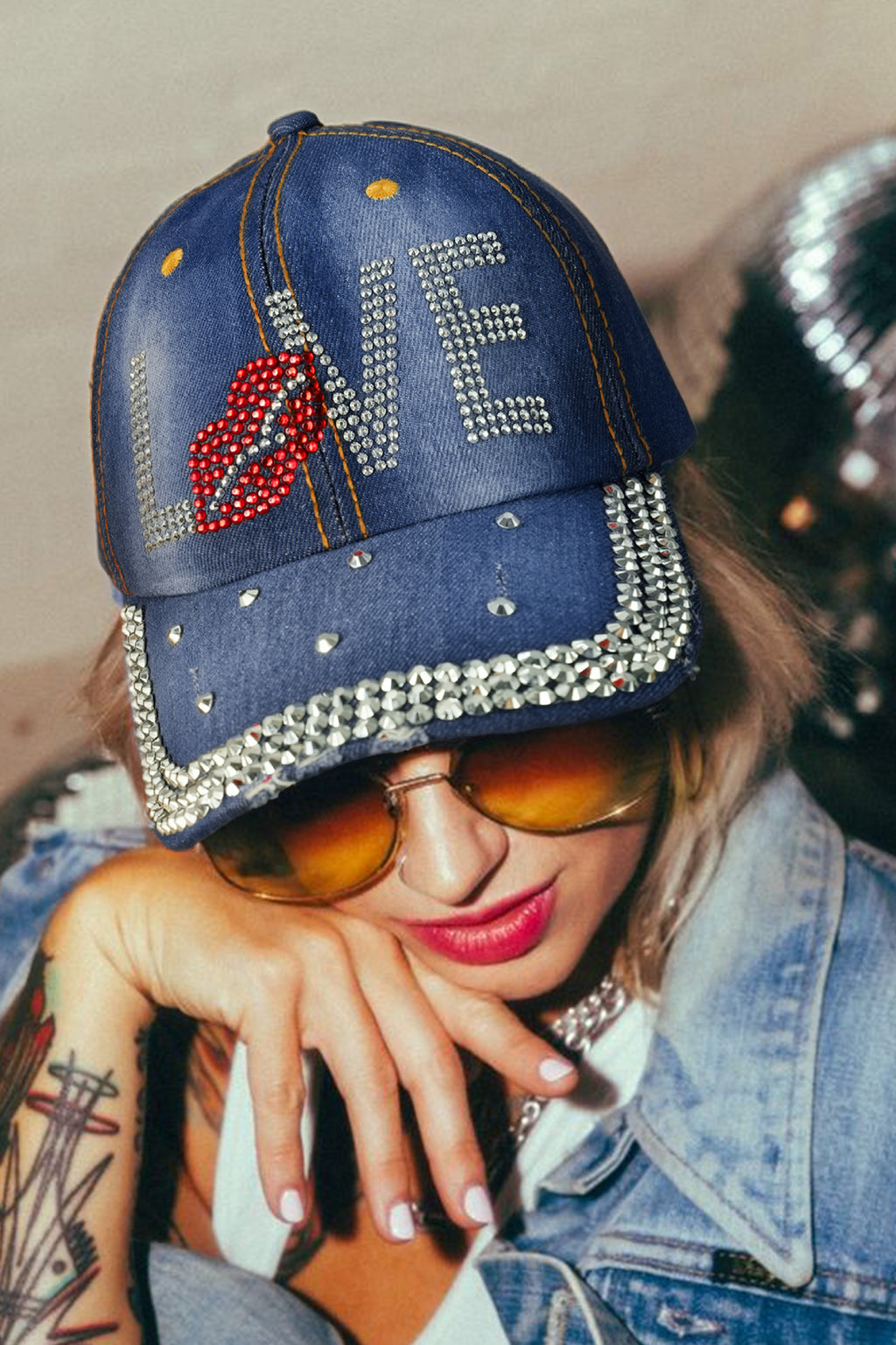 Cappellino Baseball Donna Blu in Denim con Strass LOVE e Labbra
