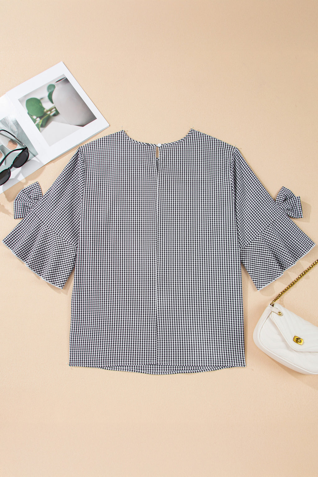 Maglione Donna Plus Size Nero a Quadri con Fiocco e Maniche a Campana
