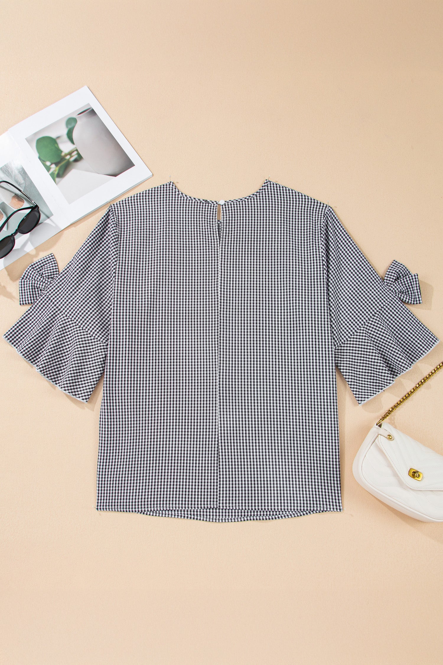 Maglione Donna Plus Size Nero a Quadri con Fiocco e Maniche a Campana