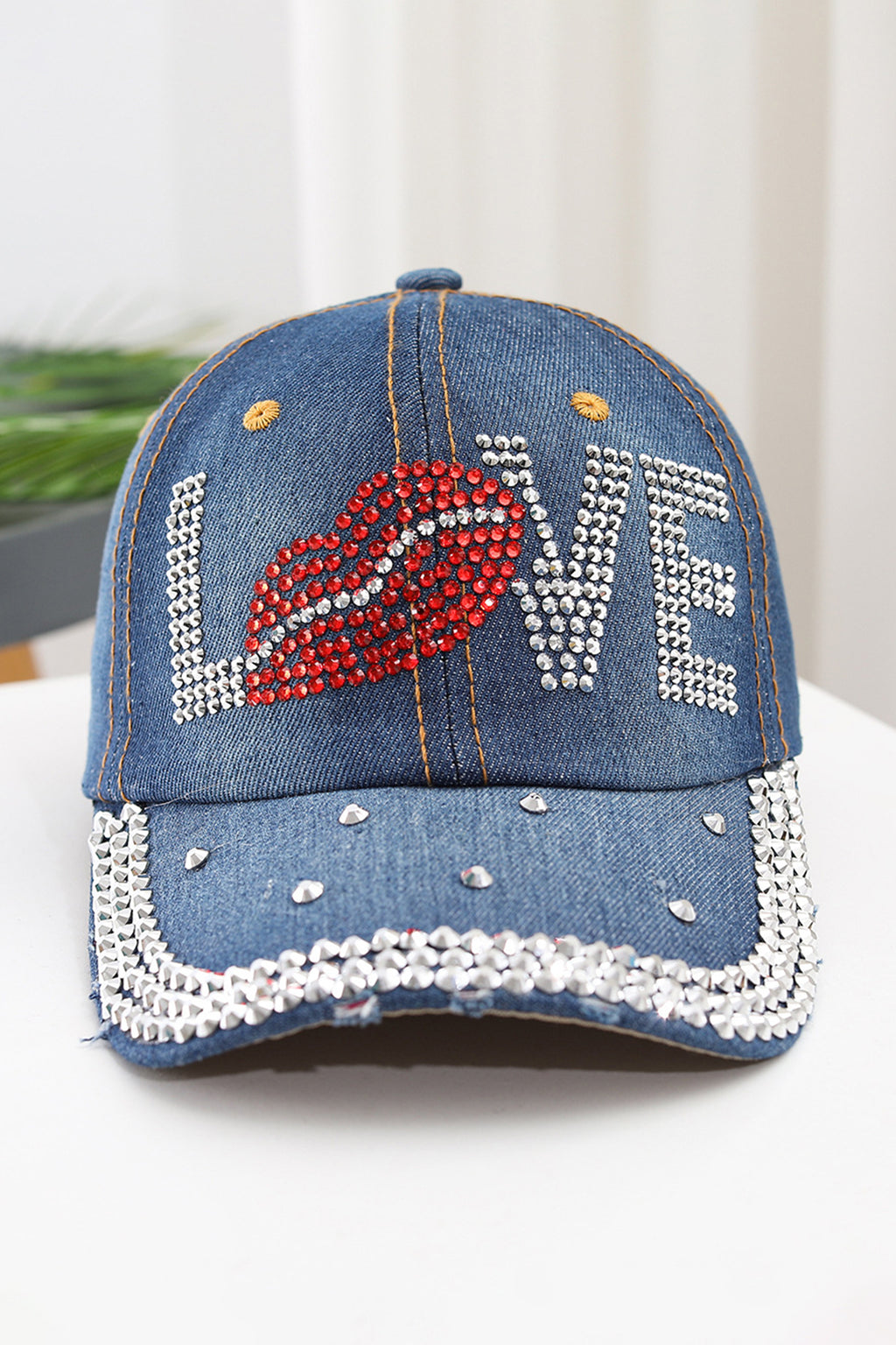 Cappellino Baseball Donna Blu in Denim con Strass LOVE e Labbra