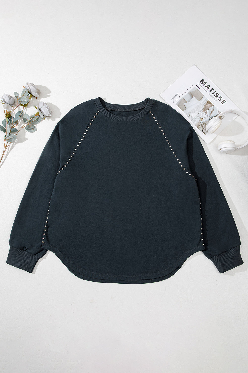 Maglione Donna Plus Size Nero con Bordi a Costine, Borchie e Lavaggio Minerale