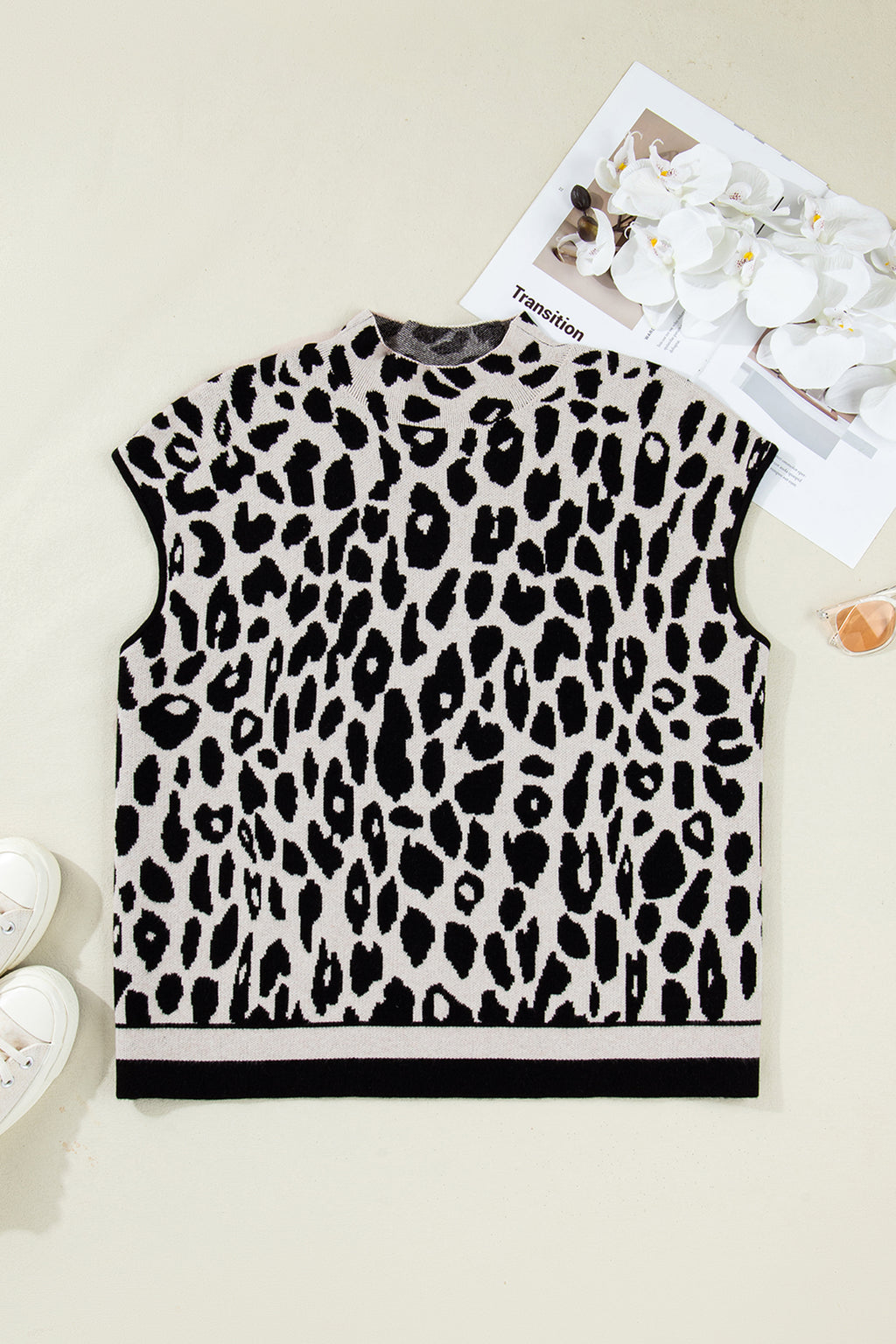 Maglione Donna Nero Plus Size Leopardato Collo Alto Manica Corta
