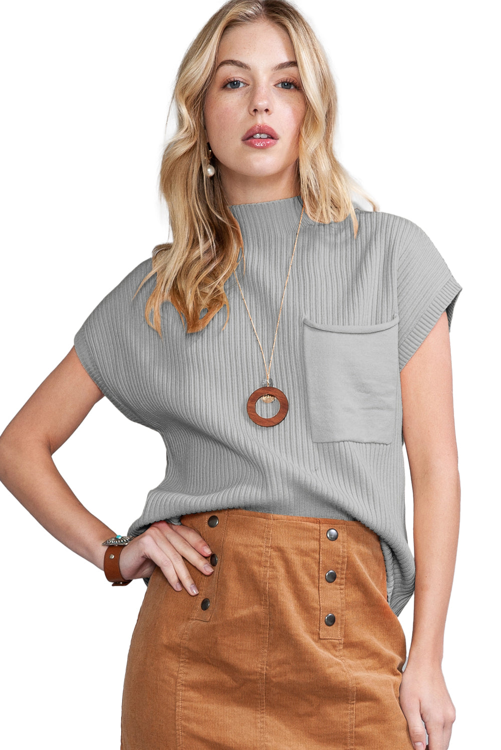 Maglione Donna Grigio a Costine con Tasche a Toppa e Maniche Corte