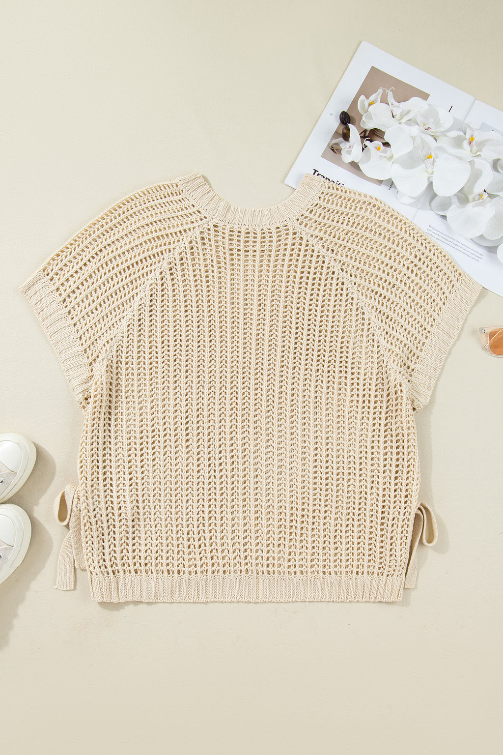 Maglione Donna Albicocca Plus Size a Maglia Aperta con Fiocchi Manica Corta