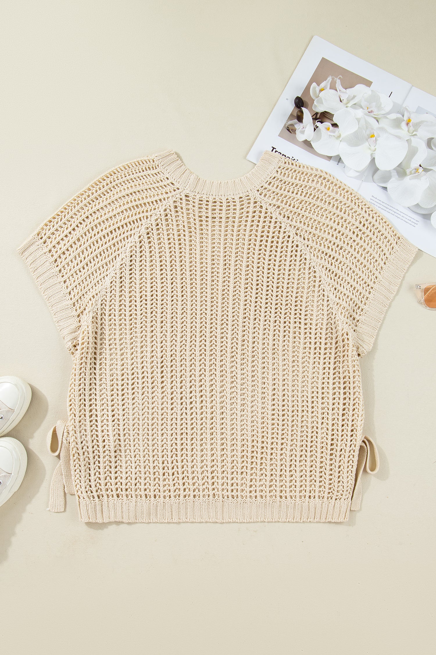 Maglione Donna Albicocca Plus Size a Maglia Aperta con Fiocchi Manica Corta