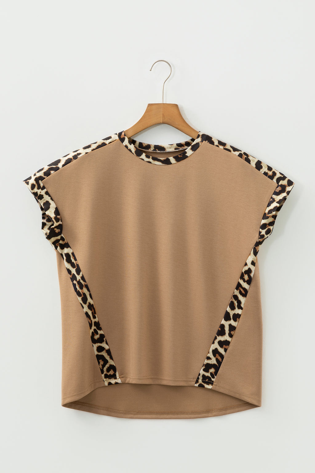 T-Shirt Donna Beige Chiaro Ampia con Bordo Leopardato