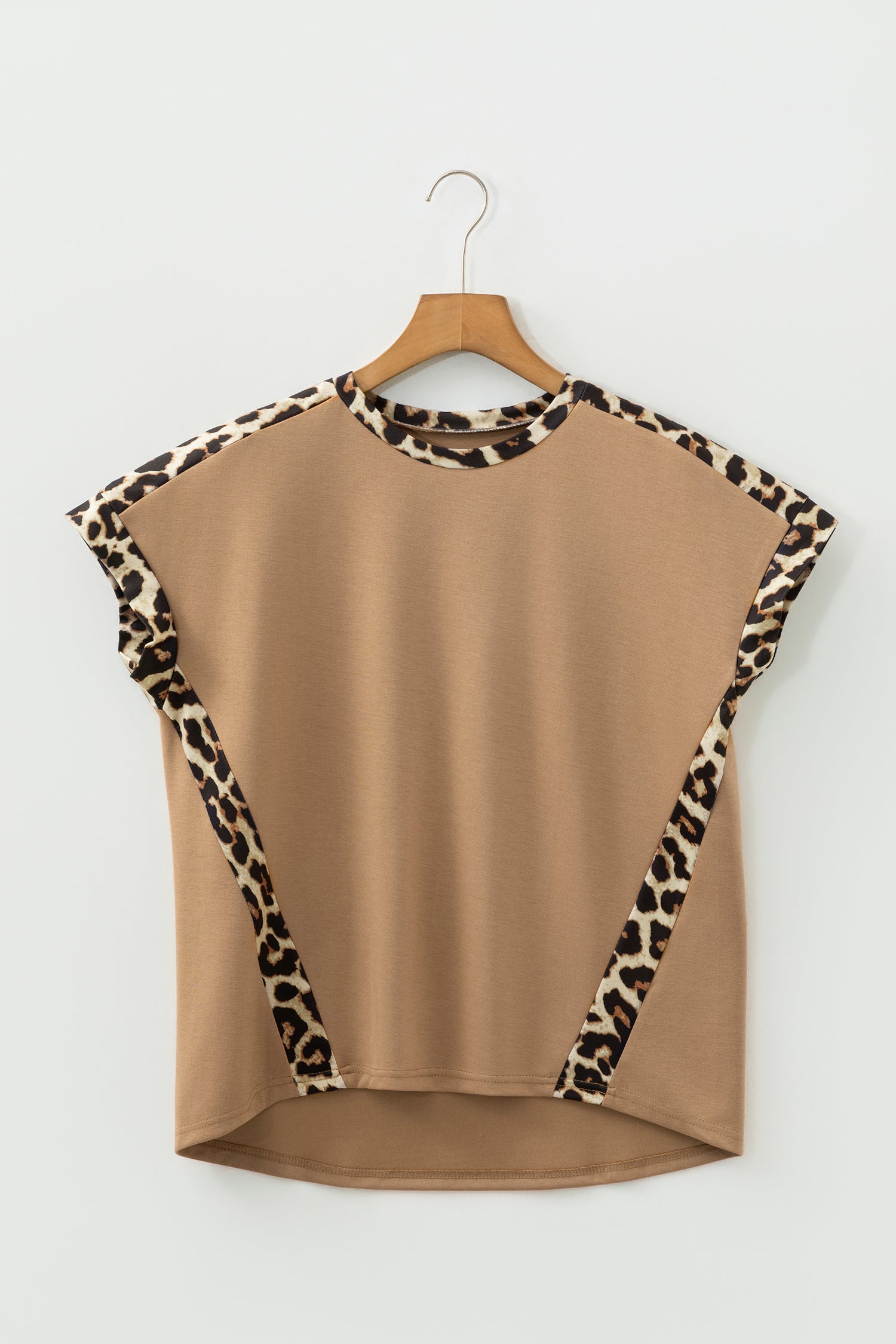 T-Shirt Donna Beige Chiaro Ampia con Bordo Leopardato