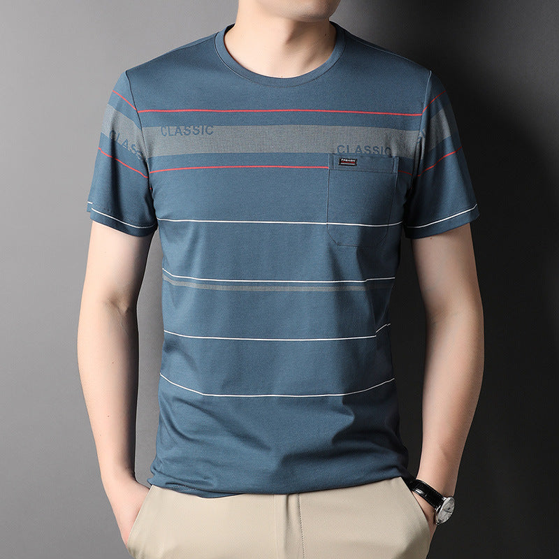 T-Shirt Uomo a Righe in Cotone con Tasca
