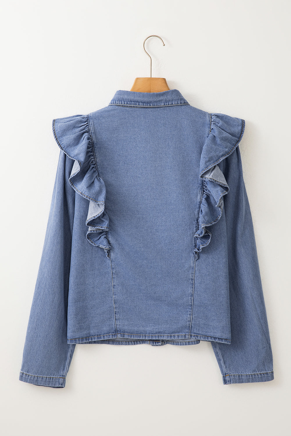 Blusa Donna Blu Denim con Bottoni, Ruche e Maniche Lunghe