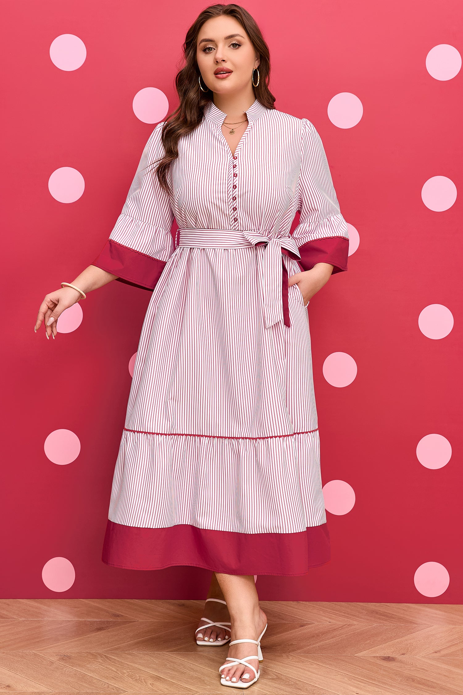 Vestito Midi Donna Plus Size Rosso a Righe con Orlo a Ruche