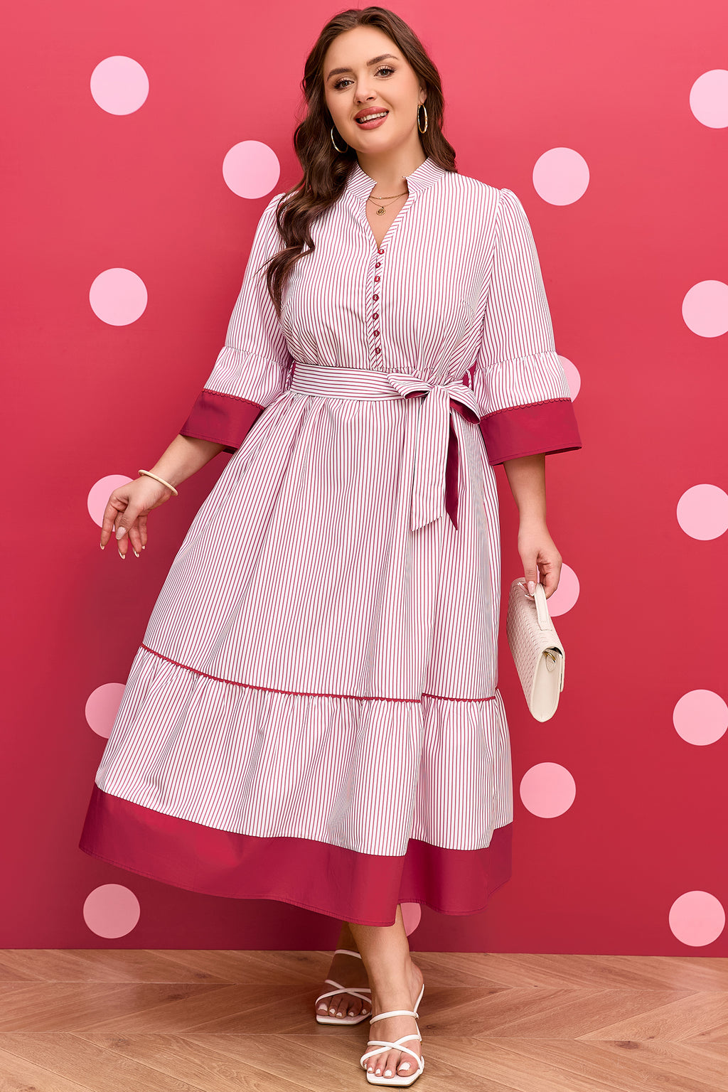 Vestito Midi Donna Plus Size Rosso a Righe con Orlo a Ruche