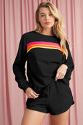 Set 2 Pezzi Donna Nero: Pullover a Righe Colorate con Maniche Lunghe e Shorts