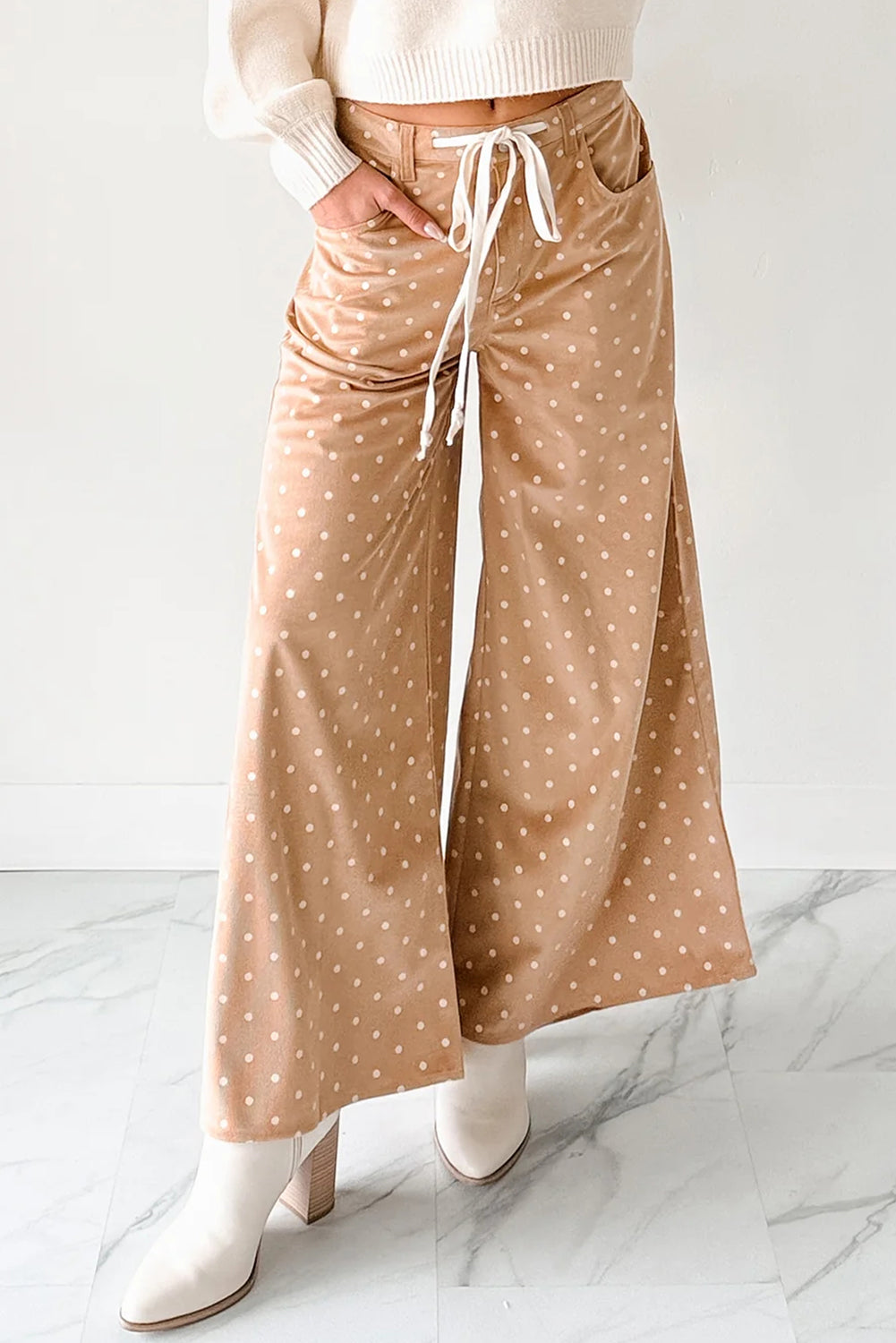 Pantaloni Donna Kaki a Gamba Larga con Stampa a Pois e Coulisse