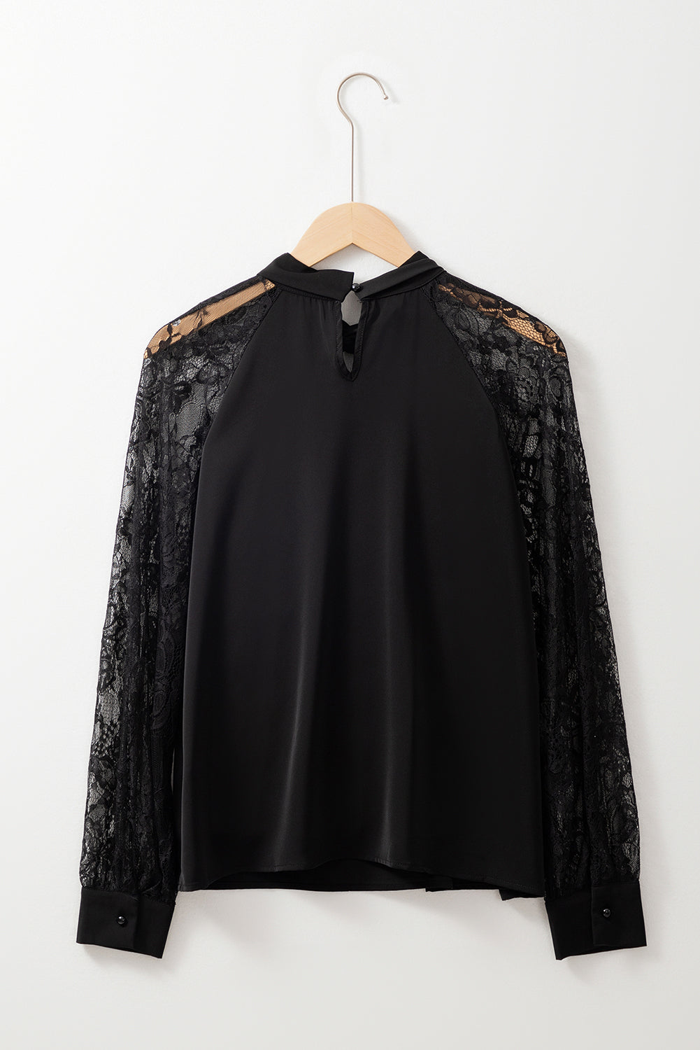 Blusa Donna Nera con Scollo Keyhole Pizzo e Maniche Raglan