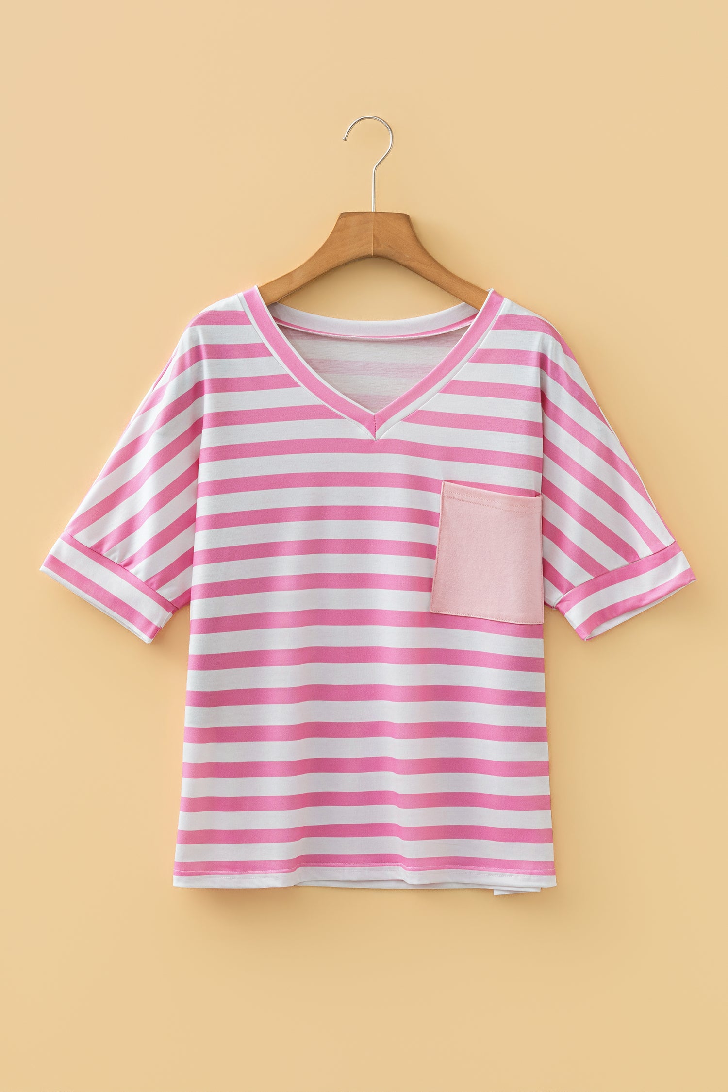 T-Shirt Donna Rosa a Righe Scollo a V con Tasca