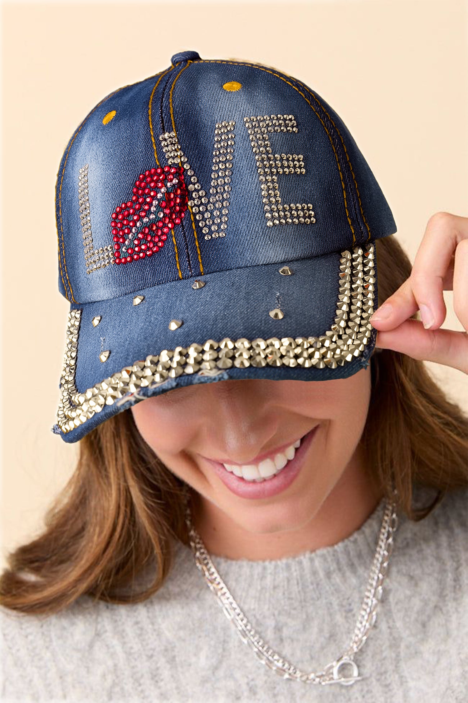 Cappellino Baseball Donna Blu in Denim con Strass LOVE e Labbra
