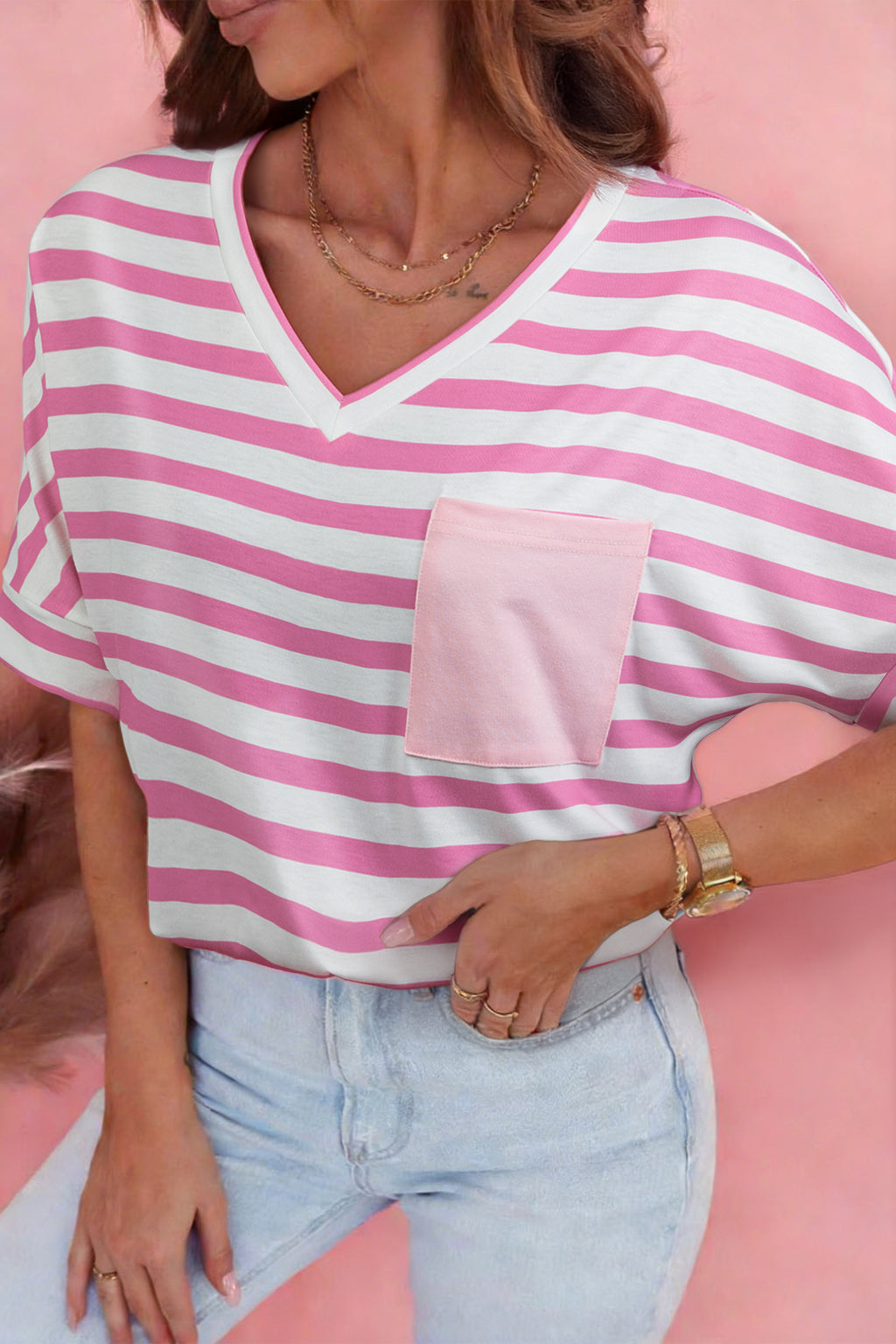 T-Shirt Donna Rosa a Righe Scollo a V con Tasca
