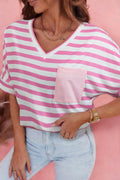 T-Shirt Donna Rosa a Righe Scollo a V con Tasca