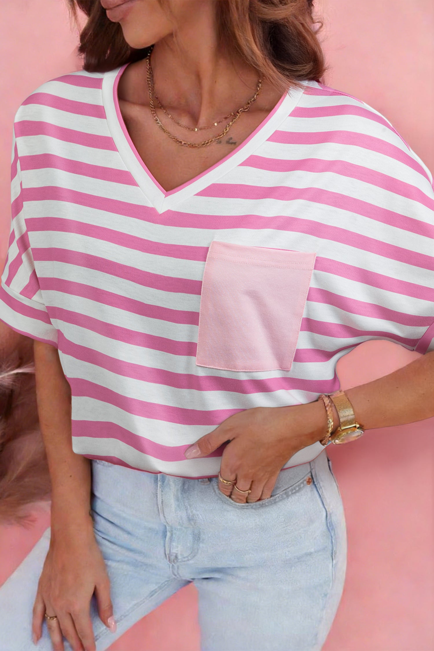 T-Shirt Donna Rosa a Righe Scollo a V con Tasca
