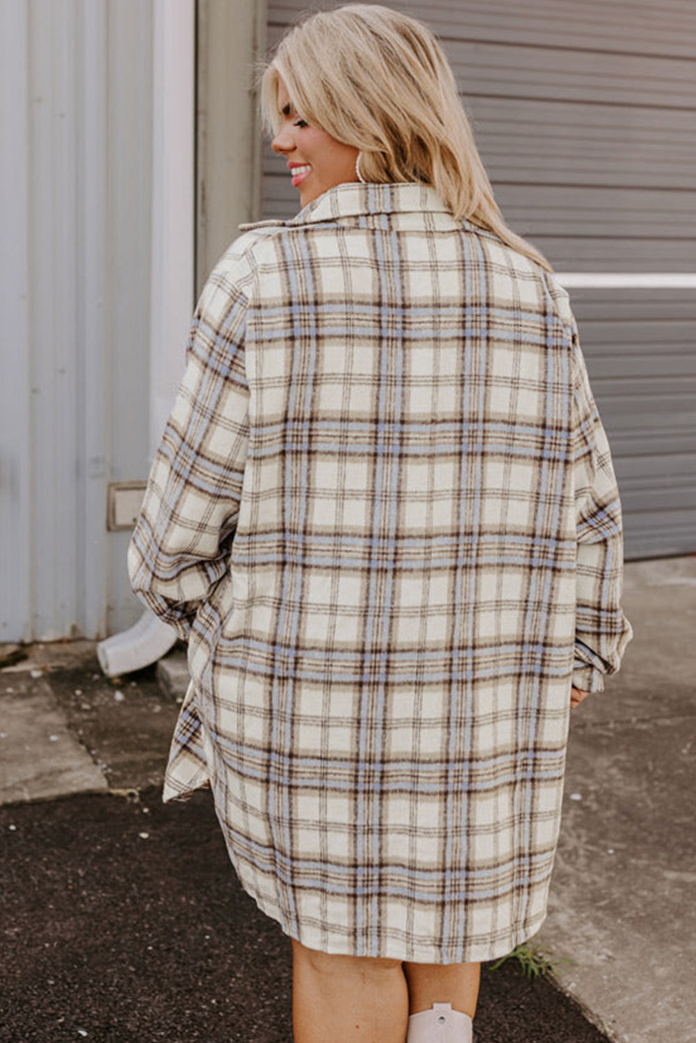 Shacket Donna Plus Size Bianco a Quadri con Spacchi Laterali
