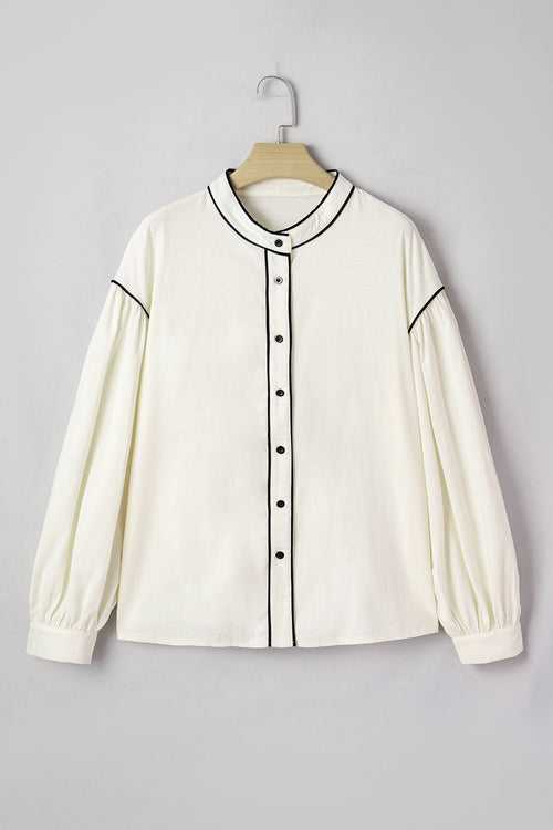 Camicia Donna Beige con Bottoni a Contrasto e Maniche a Sbuffo