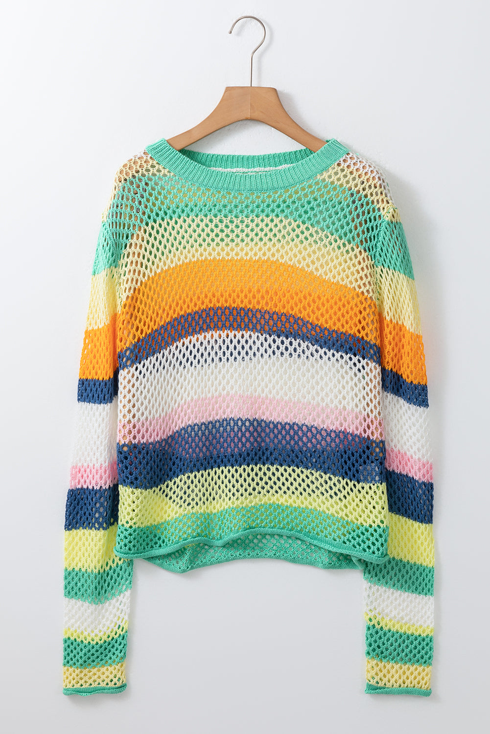 Top Donna Verde Color Block a Righe con Dettaglio Traforato in Maglia