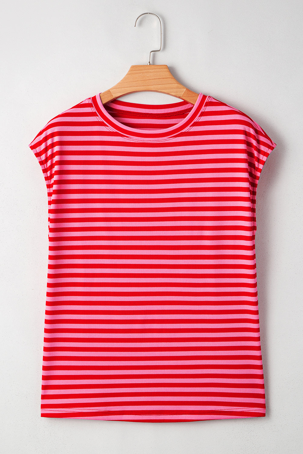 T-Shirt Donna Rossa a Righe Costine Collo Tondo Maniche a Cappuccio