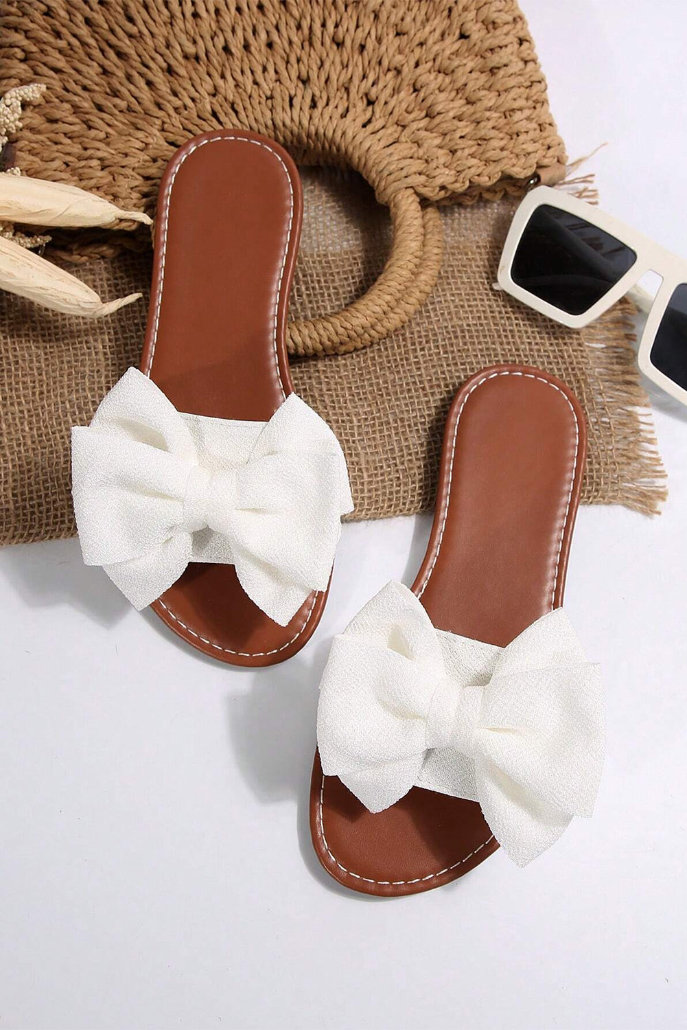 Ciabatte Donna Bianche Piatte con Fiocco Decorativo