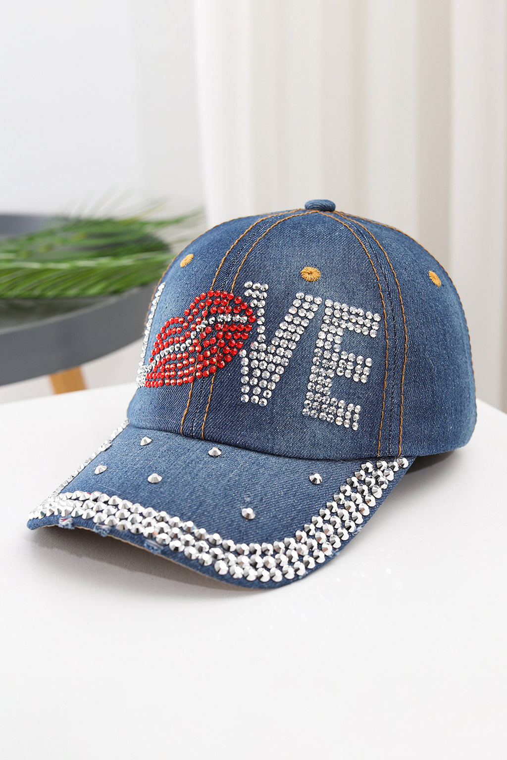 Cappellino Baseball Donna Blu in Denim con Strass LOVE e Labbra