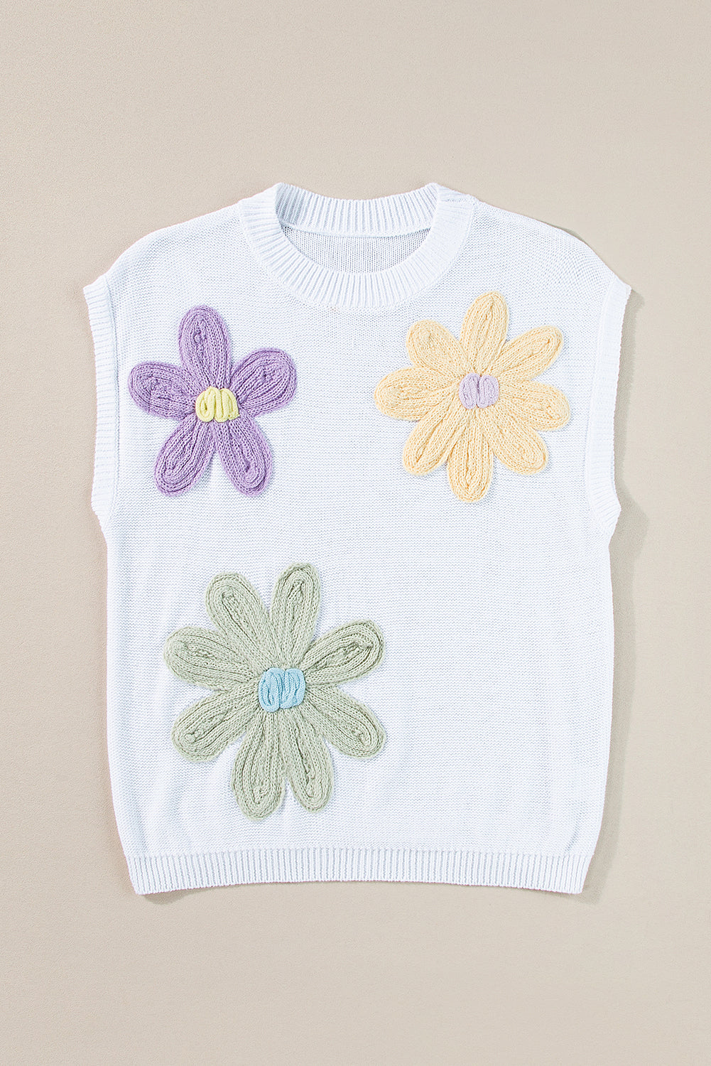T-Shirt Donna con Patch Floreale a Maglia Girocollo Bianca