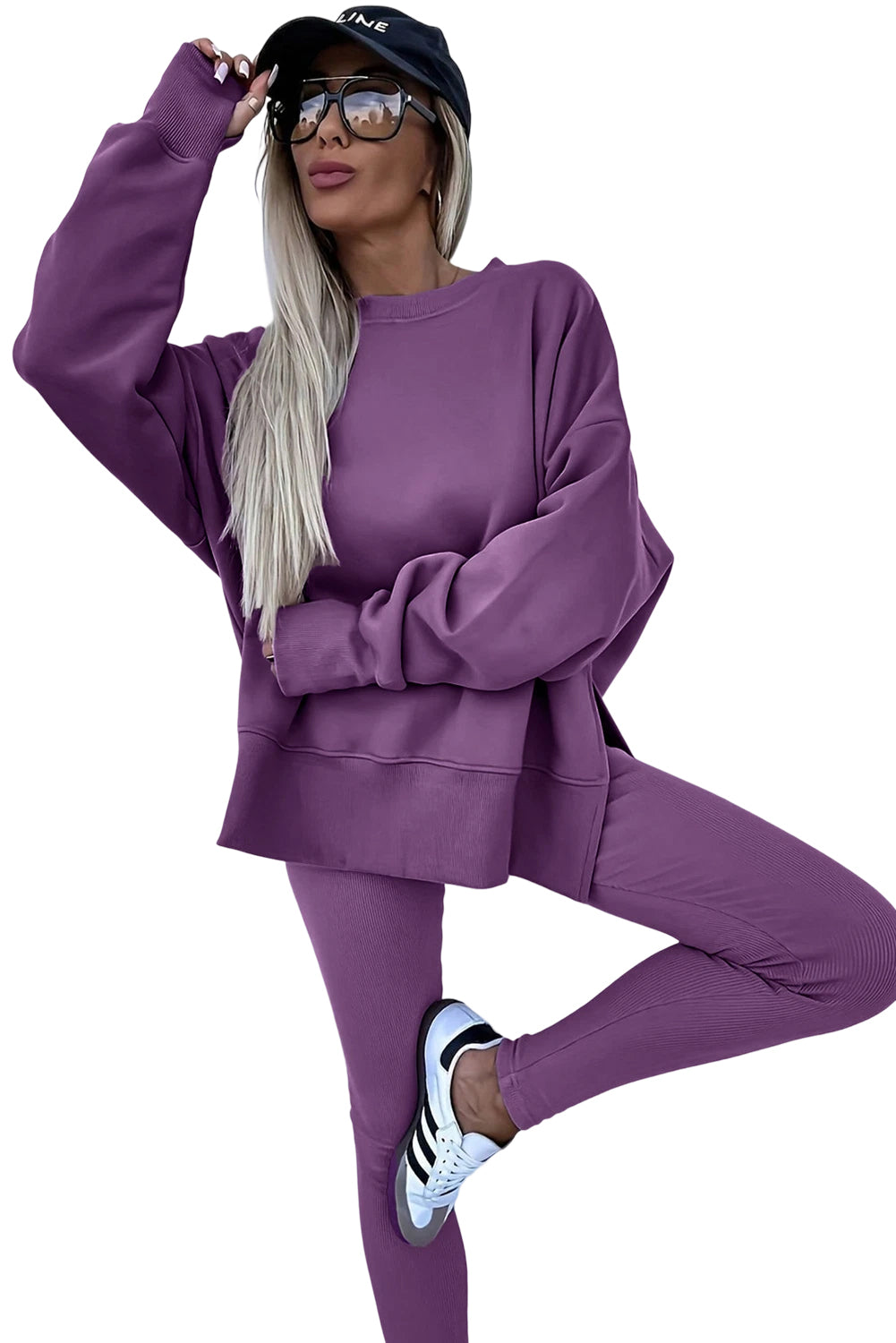 Set 2 Pezzi Donna Lilla Nebbia: Felpa Oversize con Spacco e Leggings a Costine