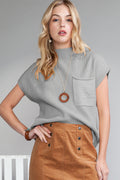 Maglione Donna Grigio a Costine con Tasche a Toppa e Maniche Corte