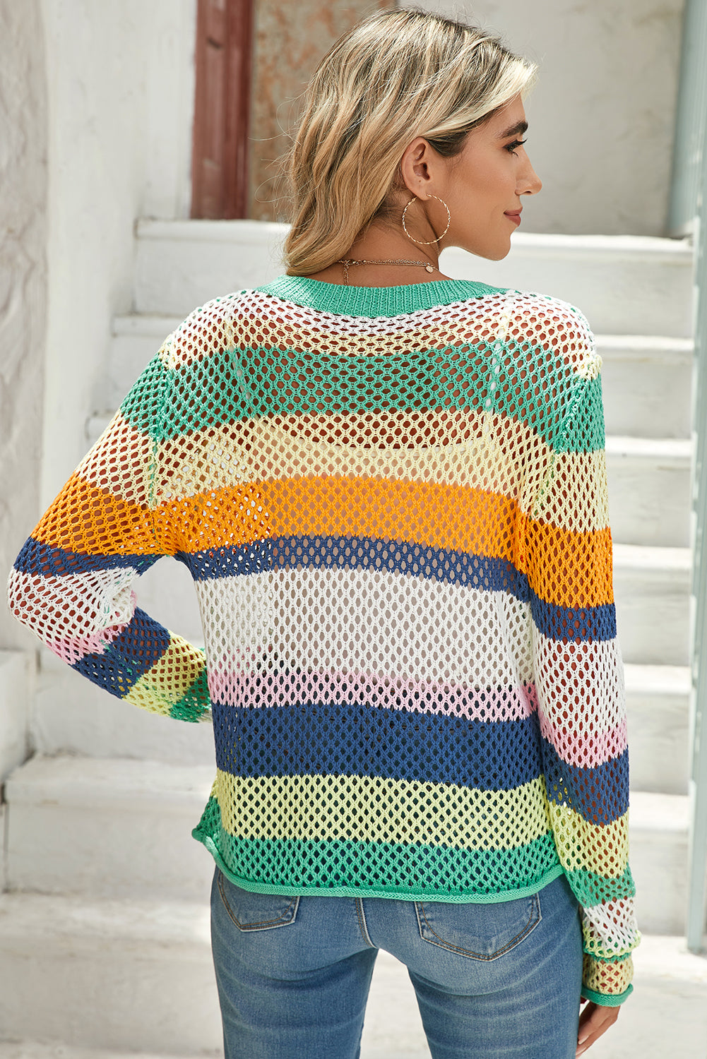 Top Donna Verde Color Block a Righe con Dettaglio Traforato in Maglia