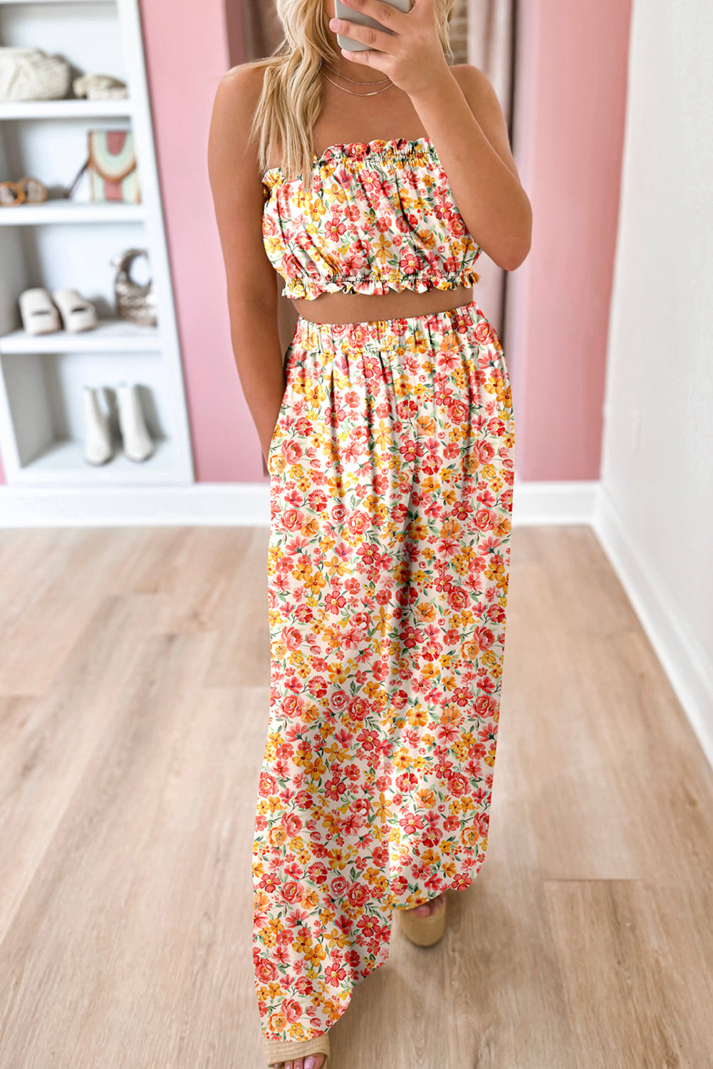 Set 2 Pezzi Donna Rosa Boho: Top Bandeau Floreale e Pantaloni a Gamba Larga a Vita Alta