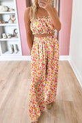 Set 2 Pezzi Donna Rosa Boho: Top Bandeau Floreale e Pantaloni a Gamba Larga a Vita Alta