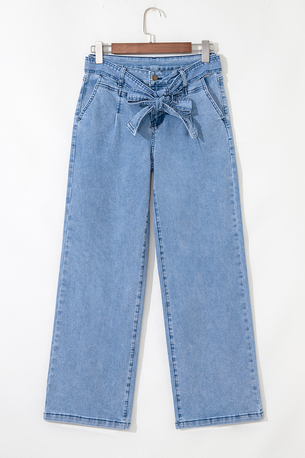 Jeans Donna Blu Vintage Lavato a Gamba Larga con Cintura Annodata