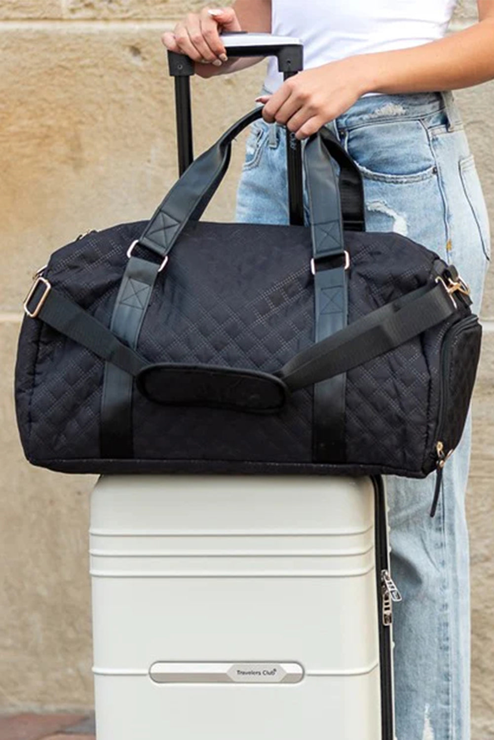 Borsone da Viaggio Donna Nero a Quadri Grande Capacità
