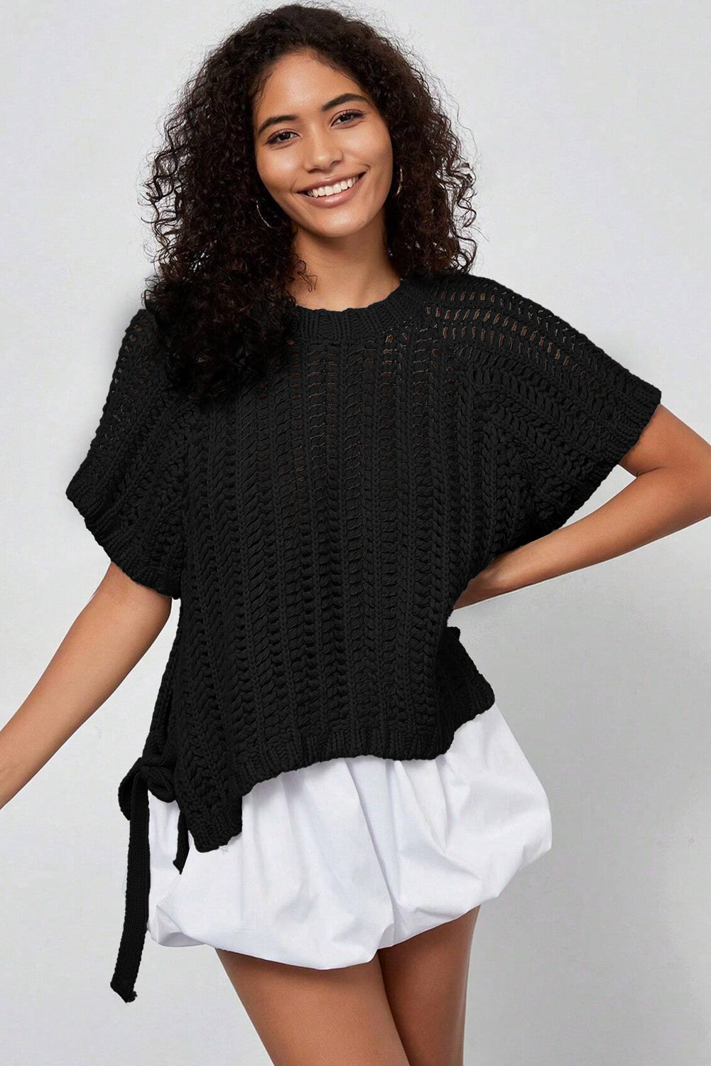Maglione Donna Nero Plus Size a Maglia Aperta con Fiocchi Manica Corta