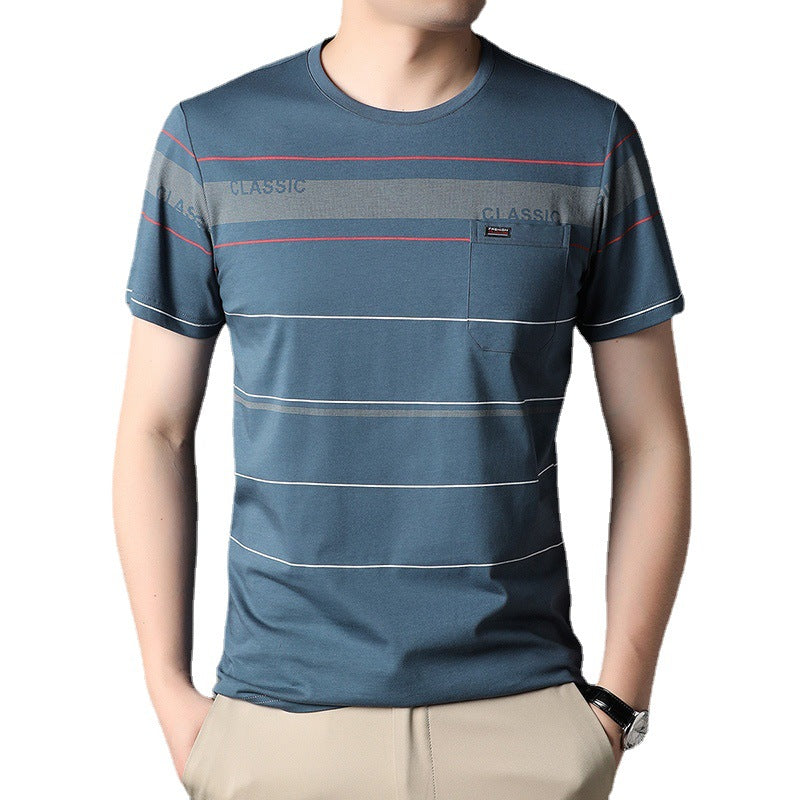 T-Shirt Uomo a Righe in Cotone con Tasca