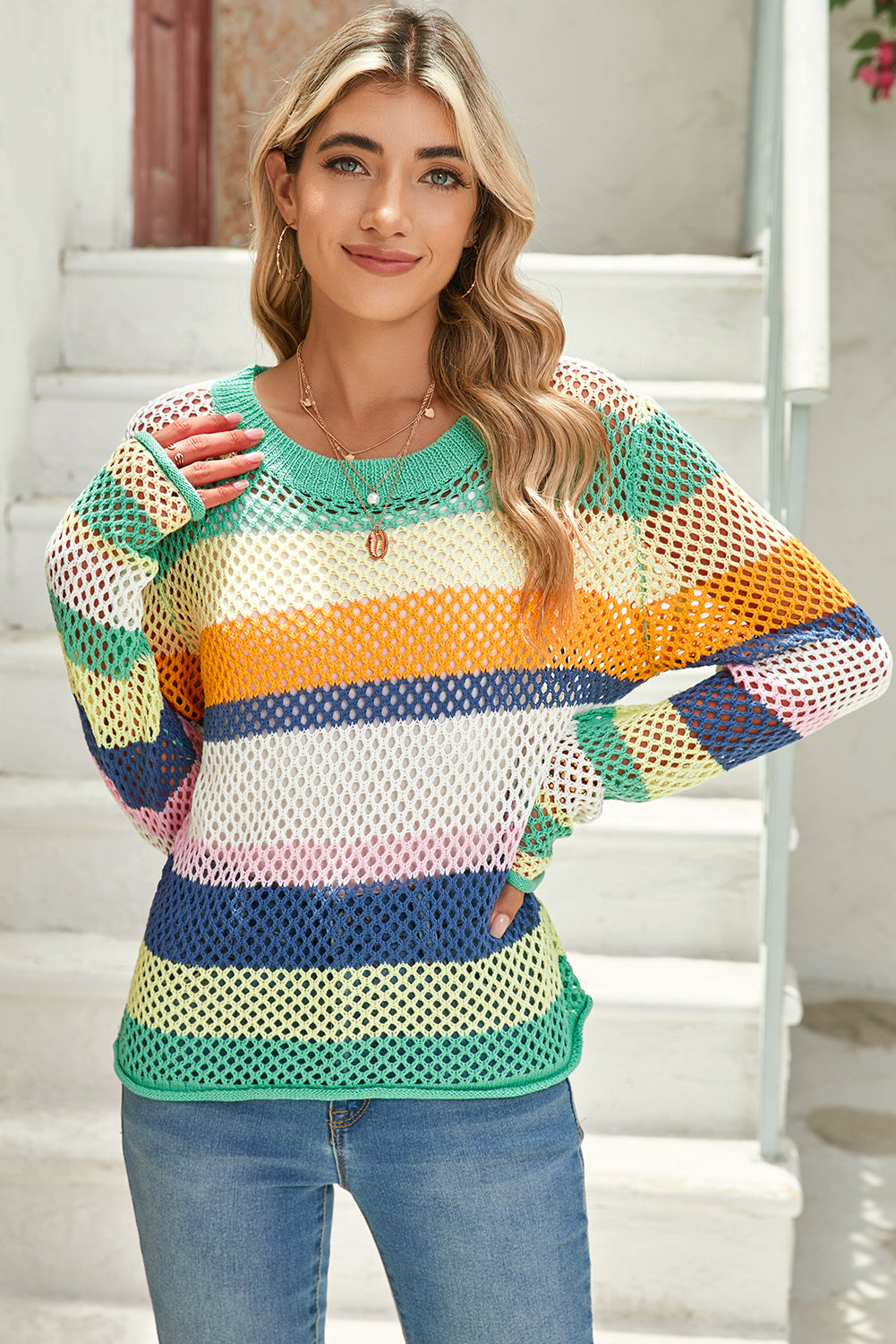 Top Donna Verde Color Block a Righe con Dettaglio Traforato in Maglia