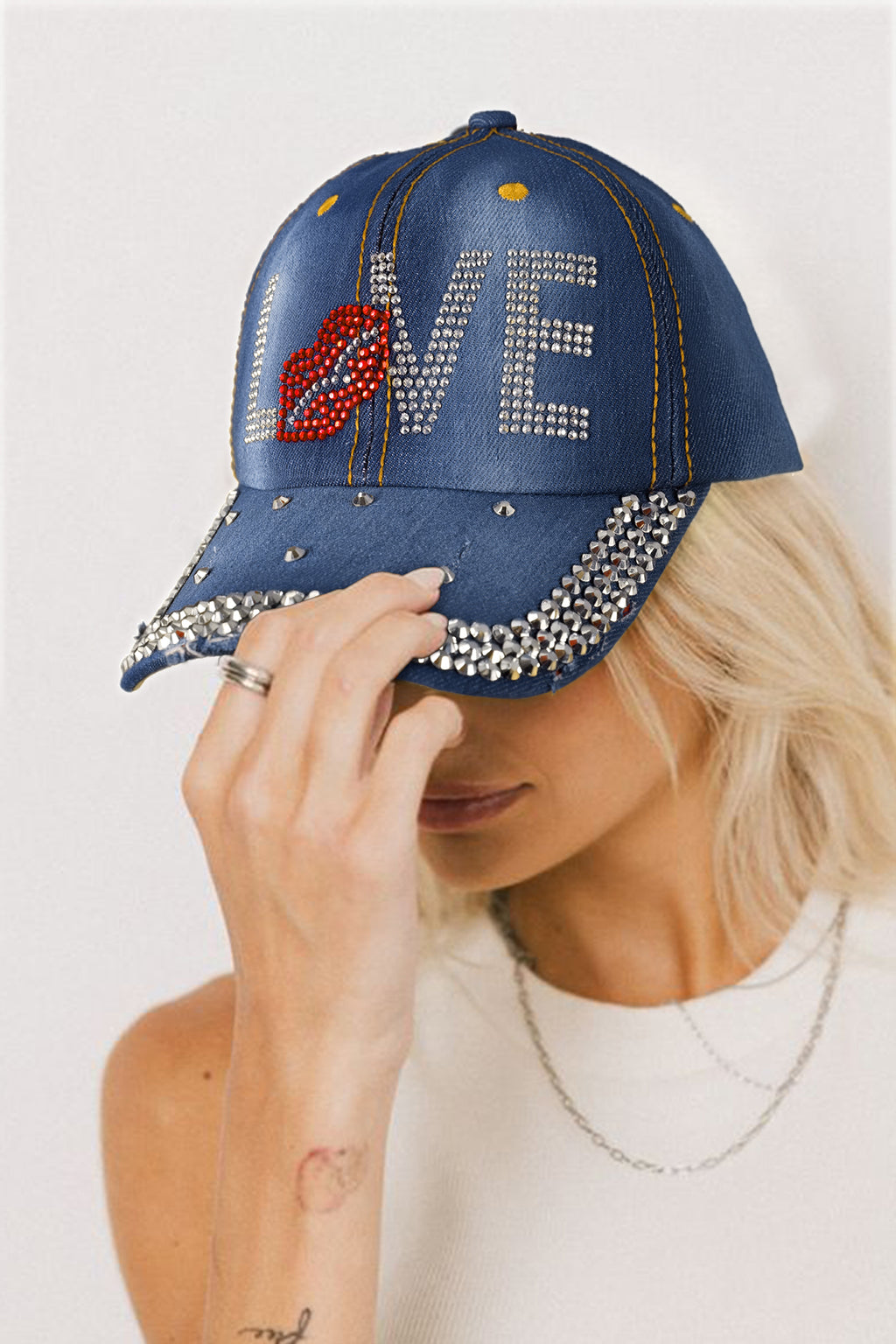 Cappellino Baseball Donna Blu in Denim con Strass LOVE e Labbra