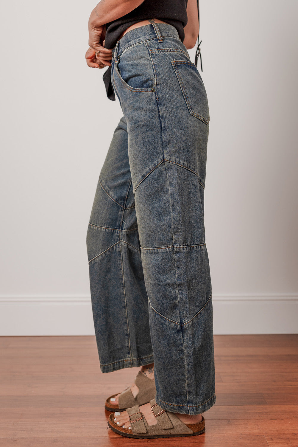 Jeans Donna Blu a Gamba Dritta con Vita Alta e Dettaglio Incrociato